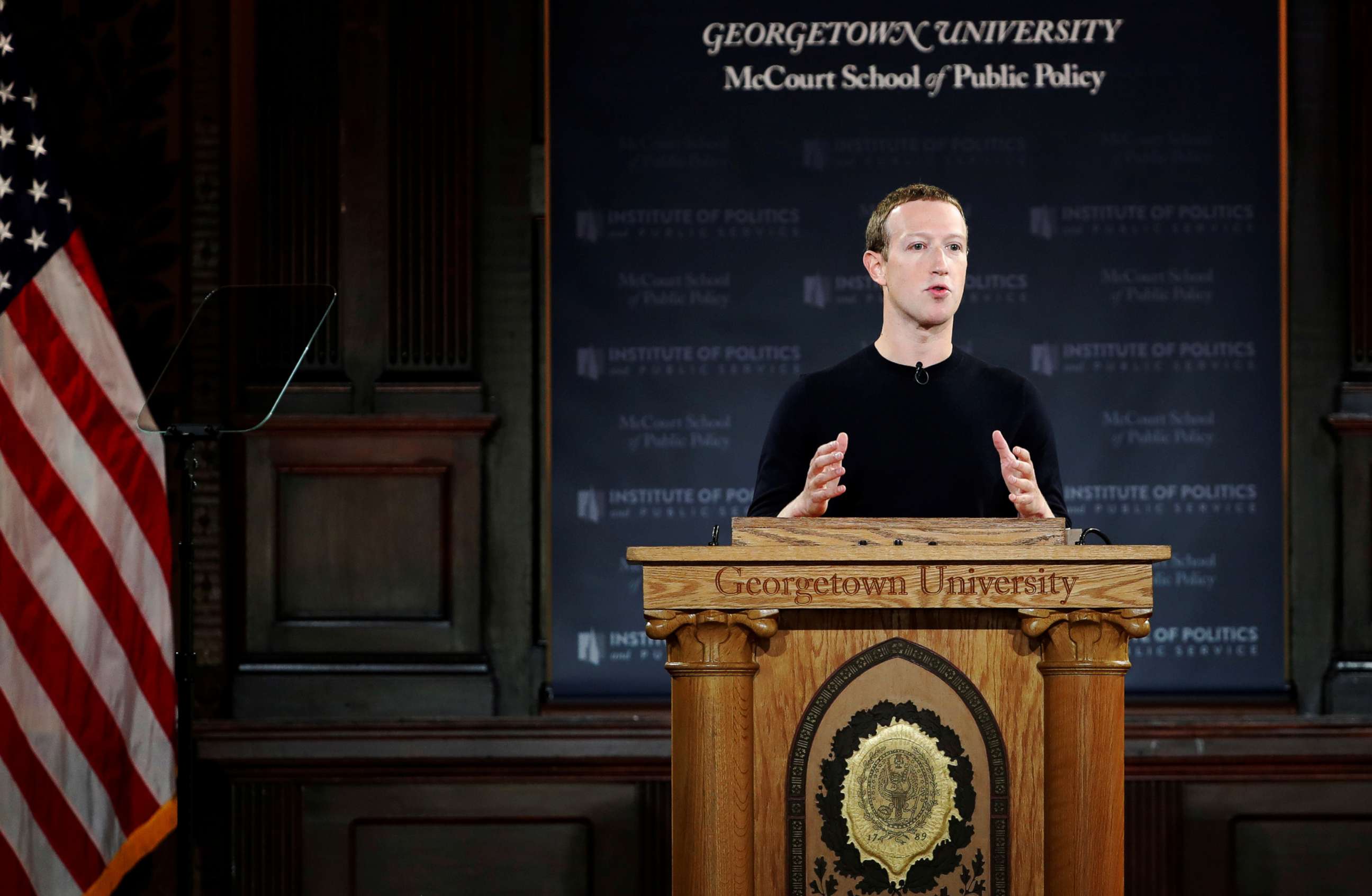 PHOTO: Mark Zuckerberg addresses the audience at a forum hosted by Georgetown University's Institute of Politics and Public Service in Washington D.C., Oct.17, 2019.