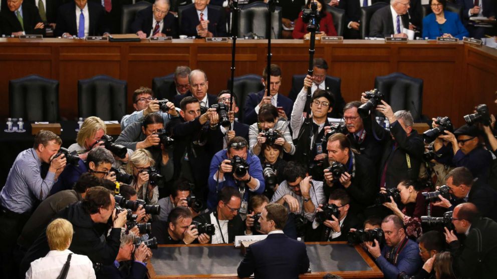 Facebook CEO Mark Zuckerberg is surrounded by members of the media as he prepares to testify before a Senate Judiciary and Commerce Committees joint hearing regarding the company's use and protection of user data, on Capitol Hill in Washington, April 10, 2018.