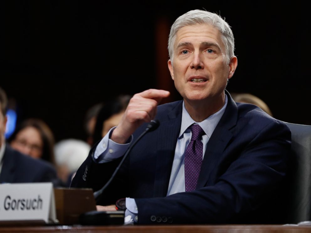 PHOTO: Supreme Court Justice nominee Neil Gorsuch testifies on Capitol Hill in Washington, on March 21, 2017, at his confirmation hearing before the Senate Judiciary Committee. 