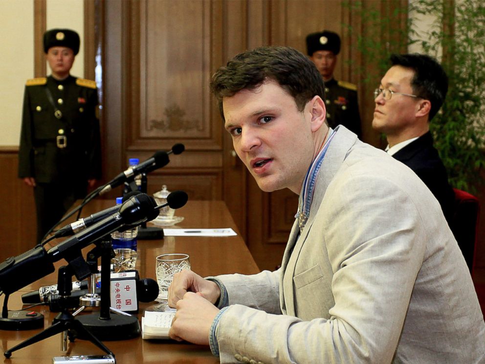 PHOTO: American student, Otto Warmbier, speaks to reporters in Pyongyang, North Korea, Feb. 29, 2016. 