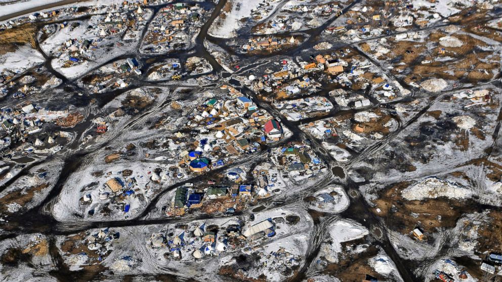 This aerial photo shows the Oceti Sakowin camp, where people have gathered to protest the Dakota Access pipeline on federal land, Feb. 13, 2017, in Cannon Ball, North Dakota.