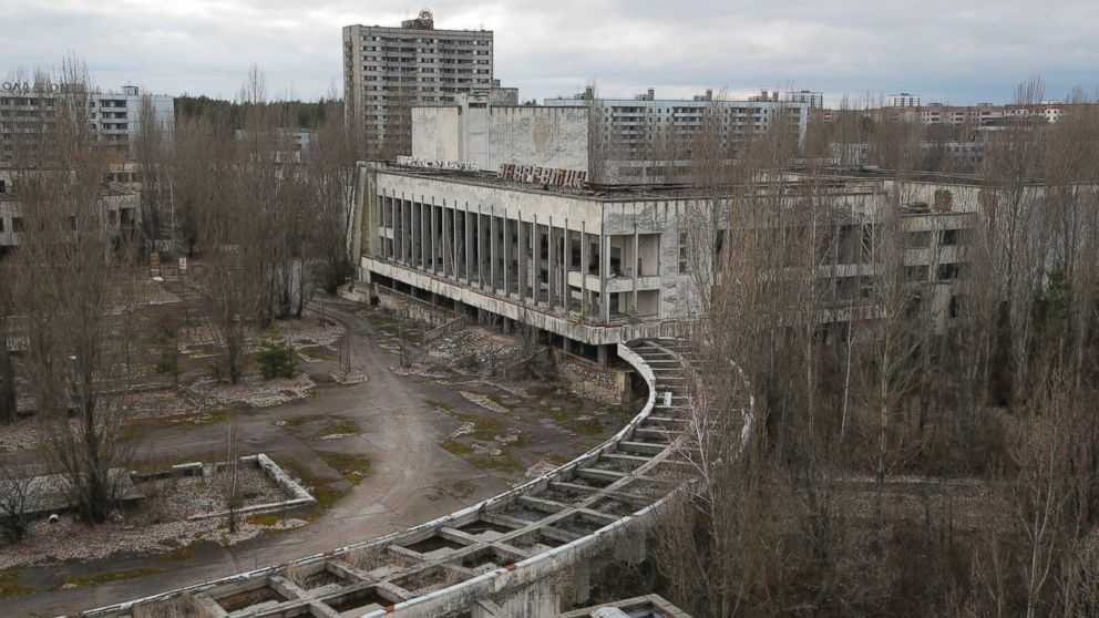 This photo taken March 23, 2016 shows an abandoned apartment buildings in the town of Pripyat near Chernobyl, Ukraine.