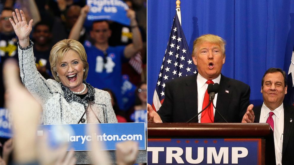 (L-R) Democratic presidential candidate Hillary Clinton in Columbia, S.C., Feb. 27, 2016 and Republican presidential candidate Donald Trump with New Jersey Gov. Chris Christie in Fort Worth, Texas, Feb. 26, 2016.