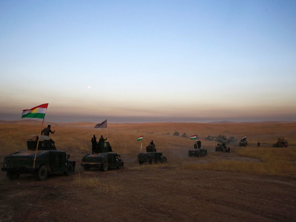 PHOTO: A Peshmerga convoy drives towards a frontline in Khazer, east of Mosul, Iraq, Oct. 17, 2016.
