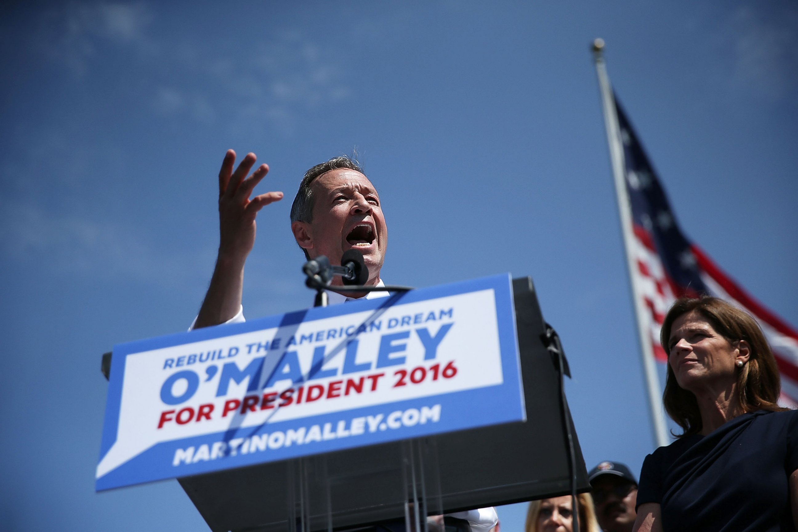 PHOTO: Former Maryland Gov. Martin O'Malley speaks as his wife Katie looks on during an event to announce his candidacy for a presidential campaign May 30, 2015 at Federal Hill Park in Baltimore, Md.
