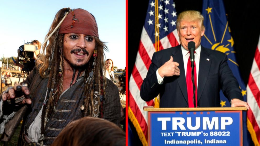 Jack Sparrow, played by Johnny Depp, in Redland City, Queensland, Australia, June 2, 2015; Republican presidential candidate Donald Trump speaks during a campaign rally at Indiana State Fairgrounds, April 20, 2016, in Indianapolis, Indiana. 