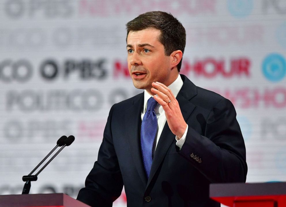 PHOTO: Democratic presidential hopeful Pete Buttigieg speaks on stage during the sixth Democratic primary debate of the 2020 presidential campaign season co-hosted by PBS NewsHour & Politico at Loyola Marymount University in Los Angeles, California.