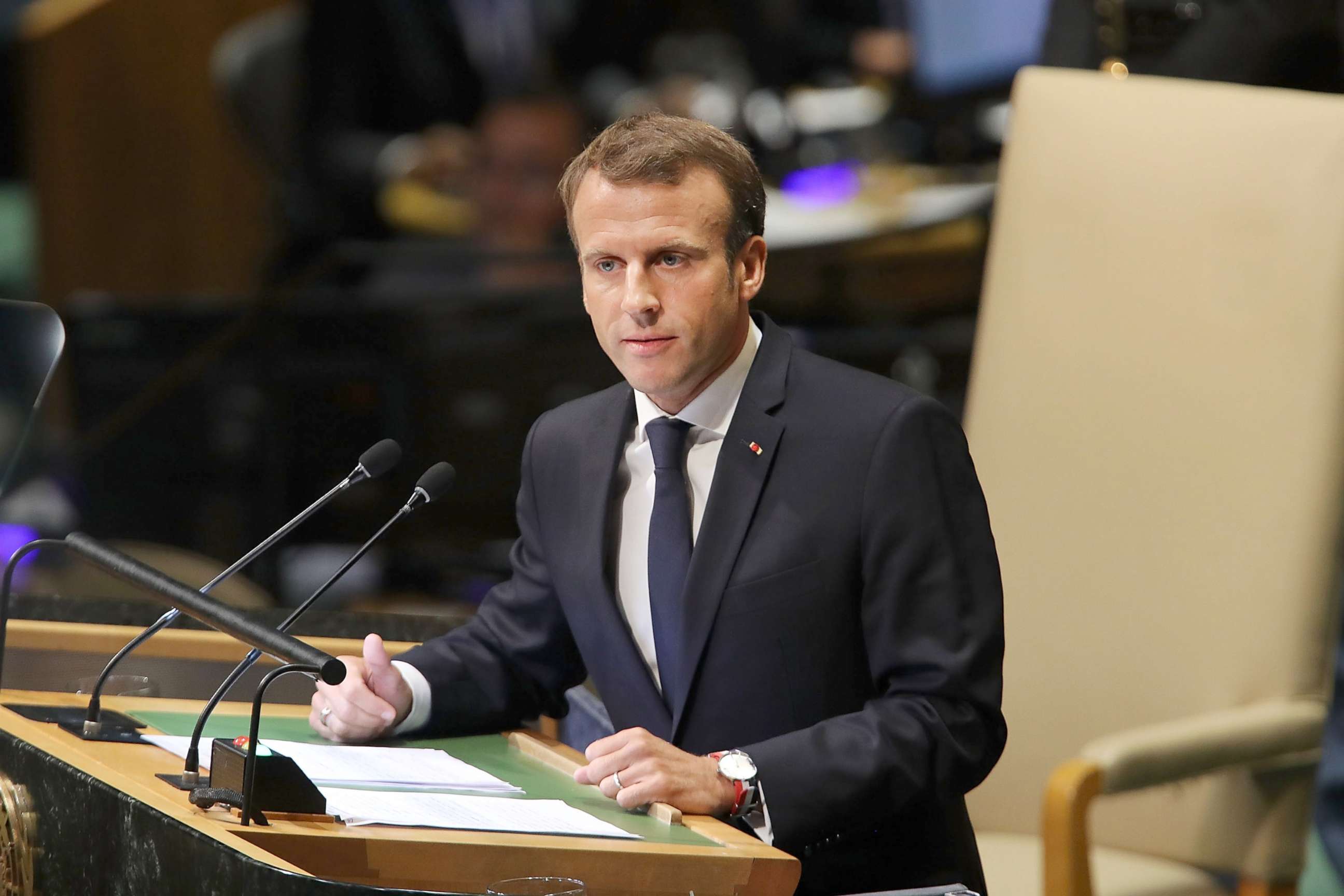 PHOTO: French President Emmanuel Macron addresses the 73rd United Nations General Assembly, Sept. 25, 2018, in New York City.