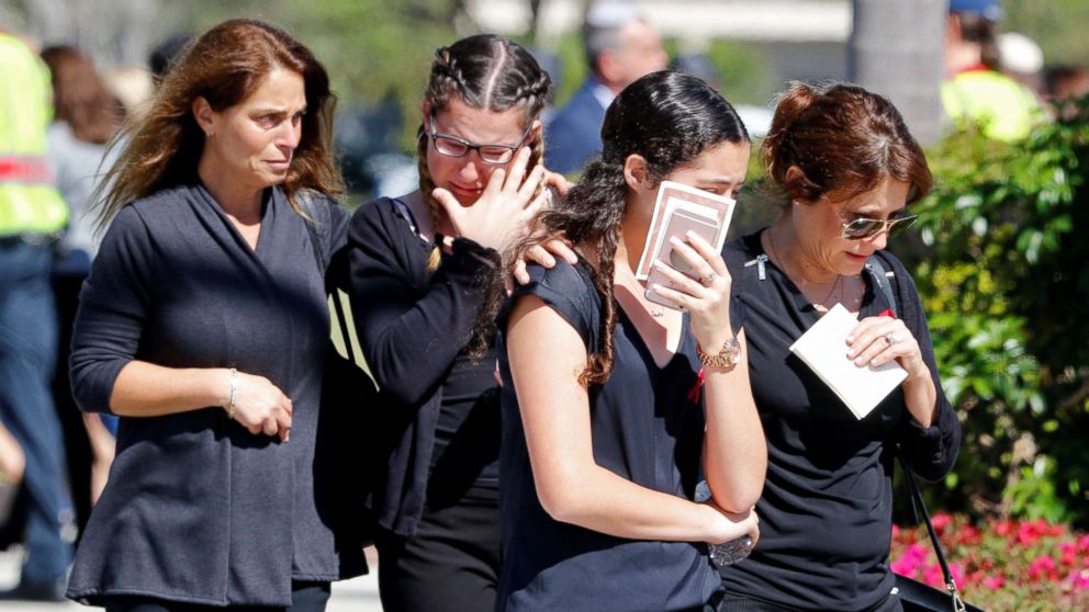 PHOTO: Mourners leave the funeral for Alyssa Aldaheff, 14, one of the victims of the school shooting, in North Fort Lauderdale, Fla., Feb. 16, 2018.