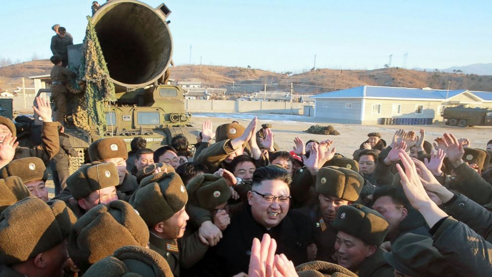 PHOTO: North Korea's official Korean Central News Agency (KCNA) shows North Korean leader Kim Jong-Un (C) surrounded by soldiers of the Korean People's Army as he inspects a long-range ballistic missile at an undisclosed location, Feb. 12, 2017.