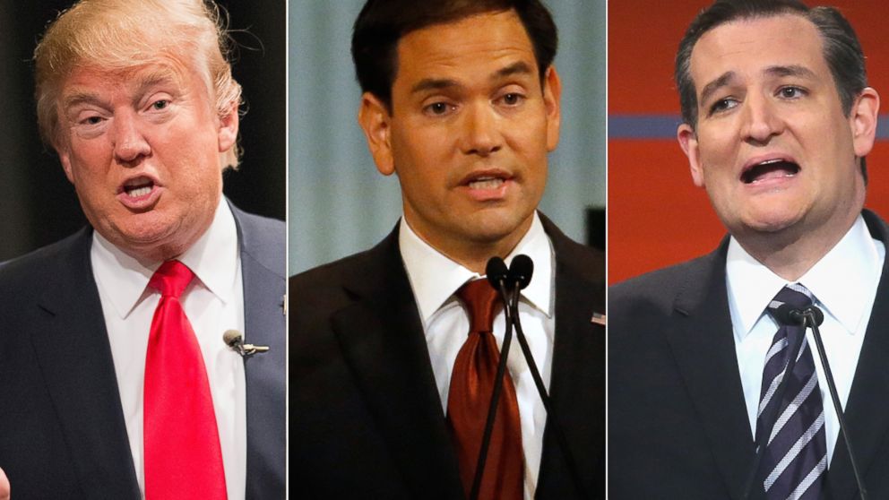 Donald Trump speaks to guests following a town hall meeting, Nov. 19, 2015 in Newton, Iowa. Marco Rubio speaks during a debate, Nov. 10, 2015, in Milwaukee. Ted Cruz speaks at a debate,  Aug. 6, 2015 in Cleveland. 