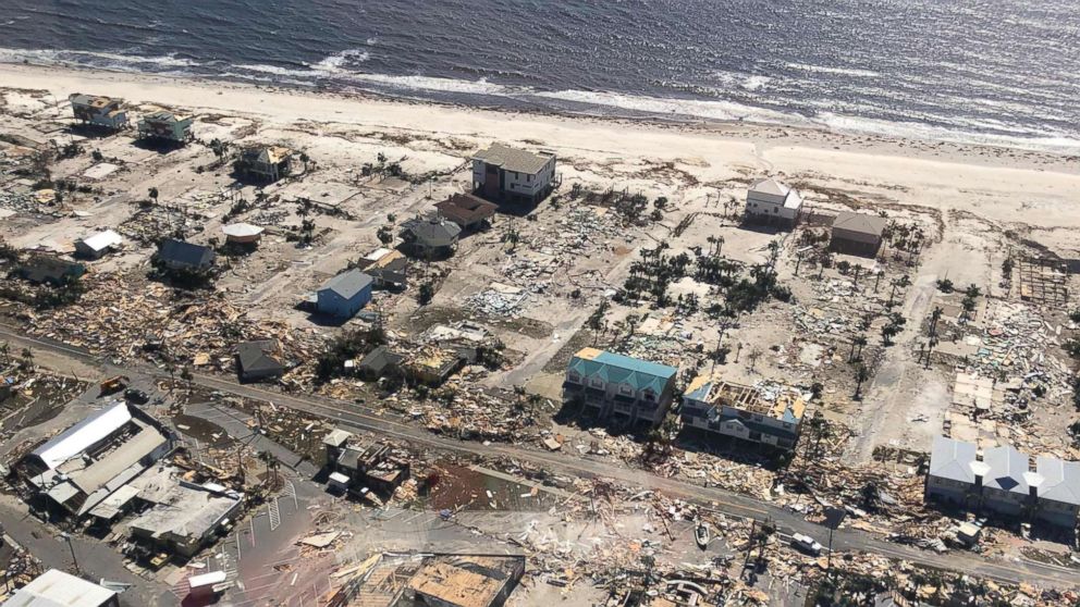 PHOTO: A U.S. Customs and Border Protection helicopter surveys the damage wrought by Hurricane Michael over Mexico Beach, Fla., on Oct. 11, 2018.