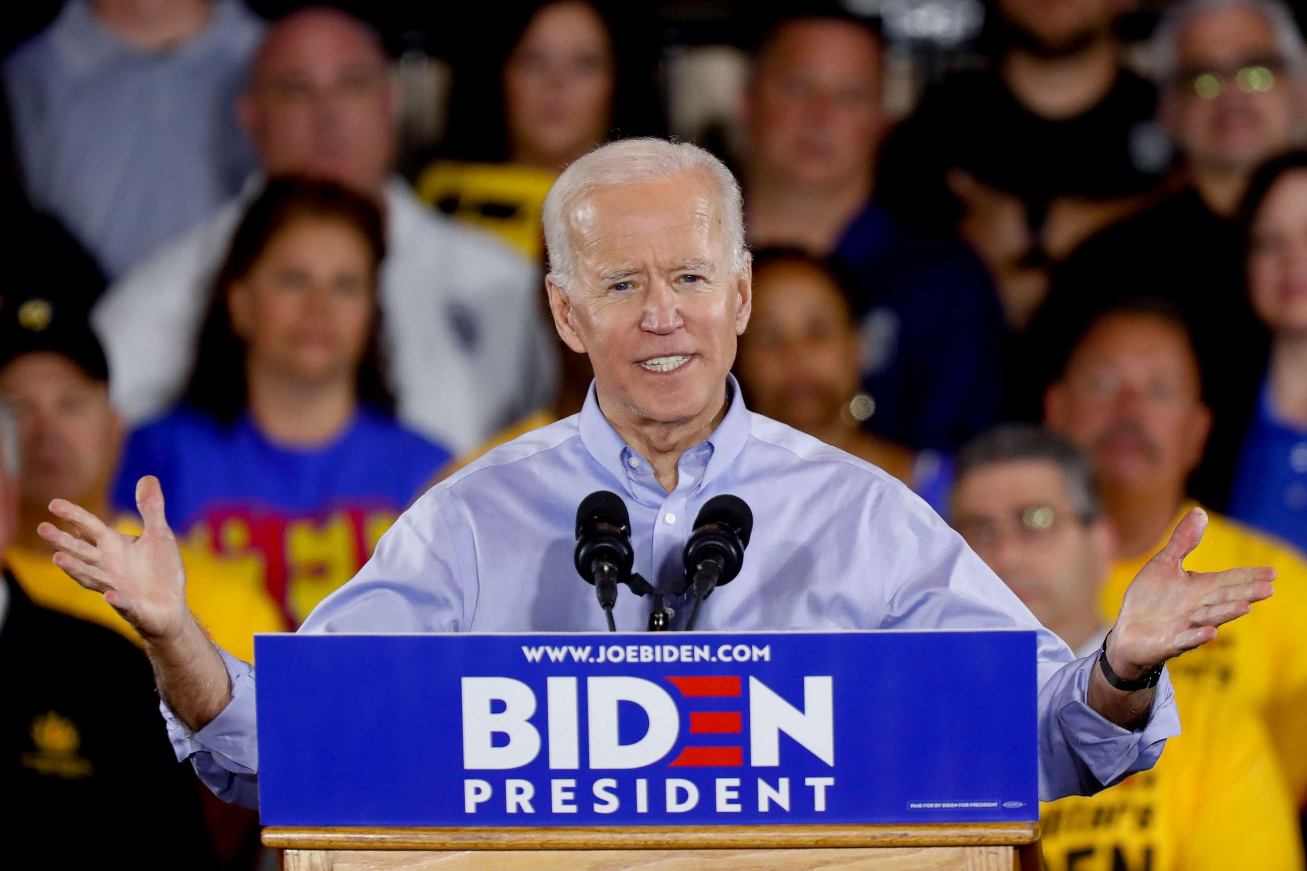 PHOTO: Democratic presidential candidate former Vice President Joe Biden speaks during a campaign stop at a Teamsters union hall in Pittsburgh, April 29, 2019.