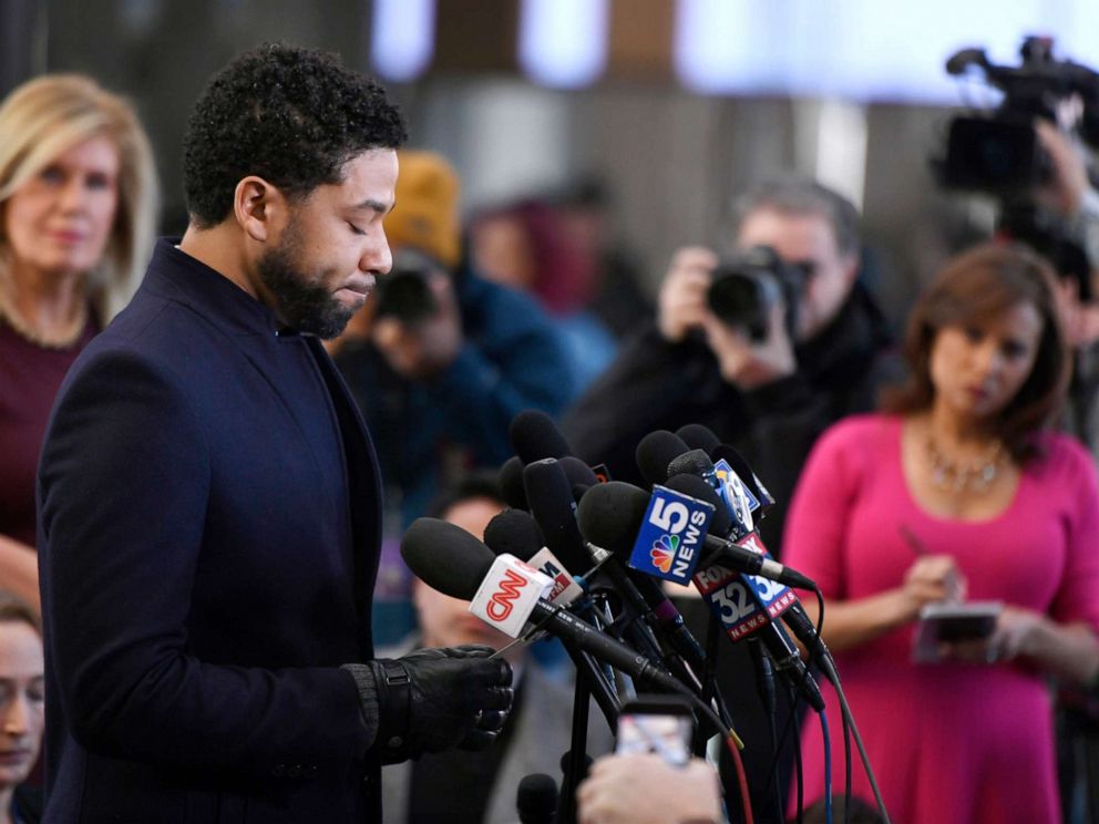 PHOTO: Actor Jussie Smollett talks to the media before leaving Cook County Court after his charges were dropped, March 26, 2019, in Chicago.
