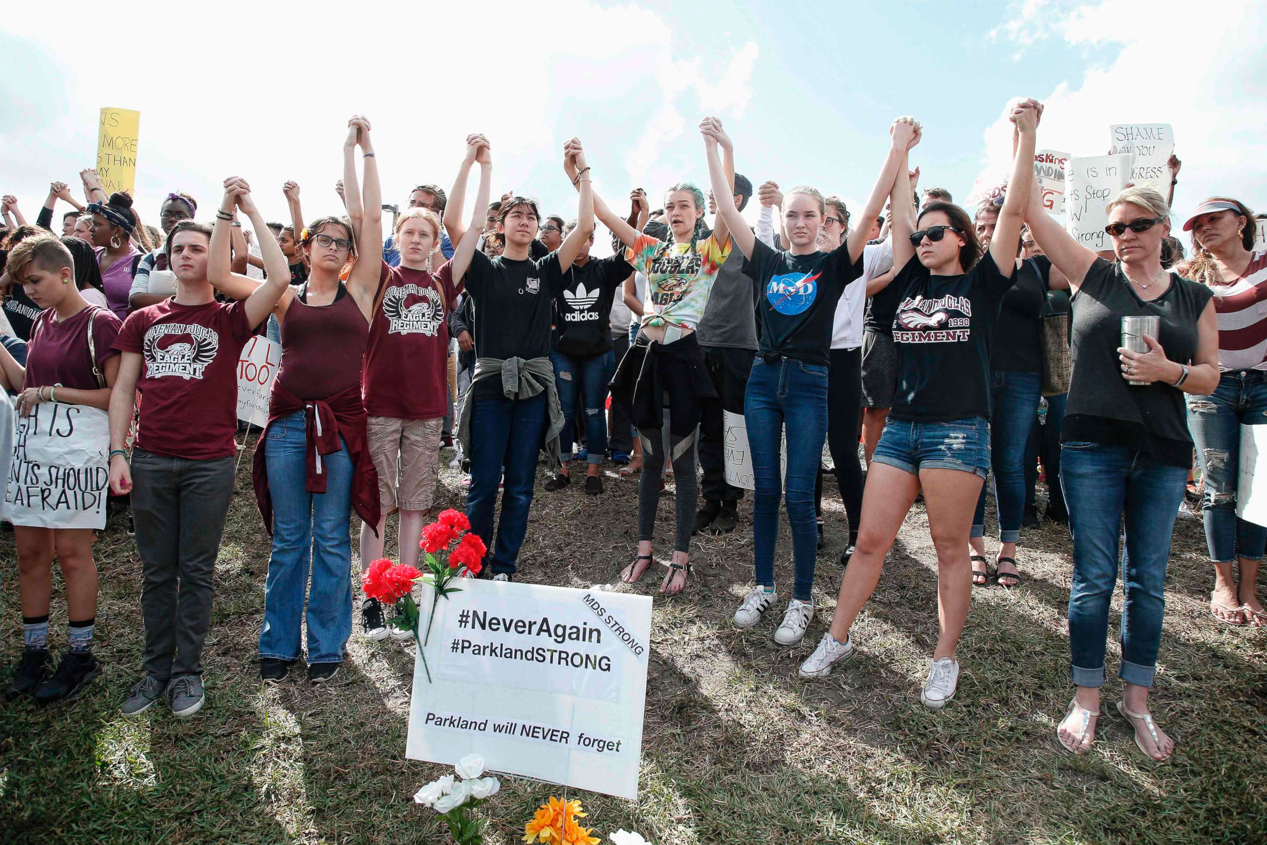 PHOTO: Students of area High Schools rally at Marjory Stoneman Douglas High School after participating in a county wide school walk out in Parkland, Fla., Feb. 21, 2018.