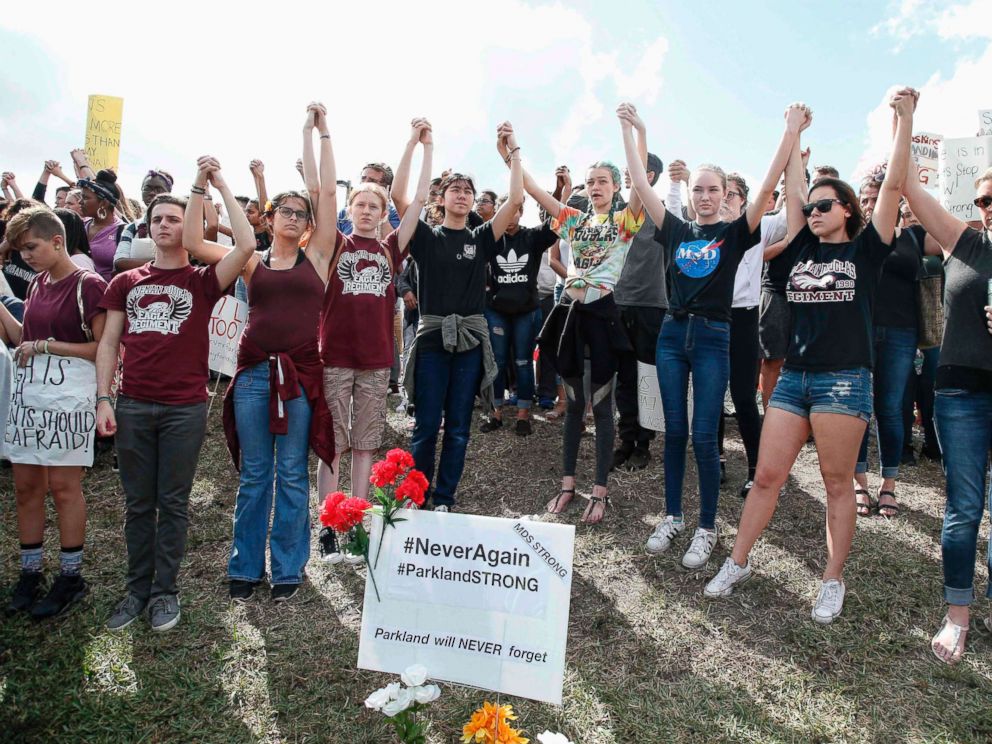 PHOTO: Students of area High Schools rally at Marjory Stoneman Douglas High School after participating in a county wide school walk out in Parkland, Fla., Feb. 21, 2018.