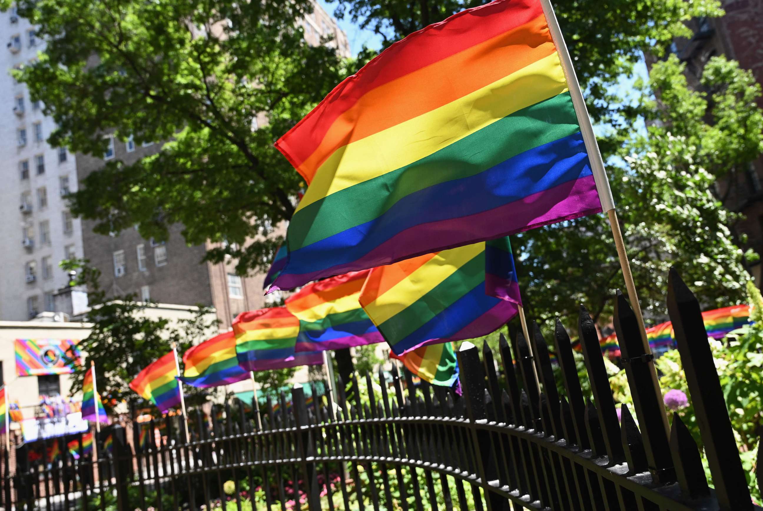 PHOTO: In this photo taken on June 4, 2019, rainbow flags are seen at the Stonewall National Monument in New York.