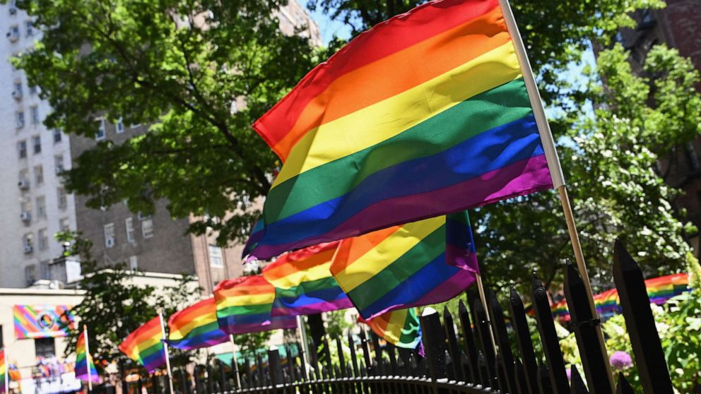 PHOTO: In this photo taken on June 4, 2019, rainbow flags are seen at the Stonewall National Monument in New York.