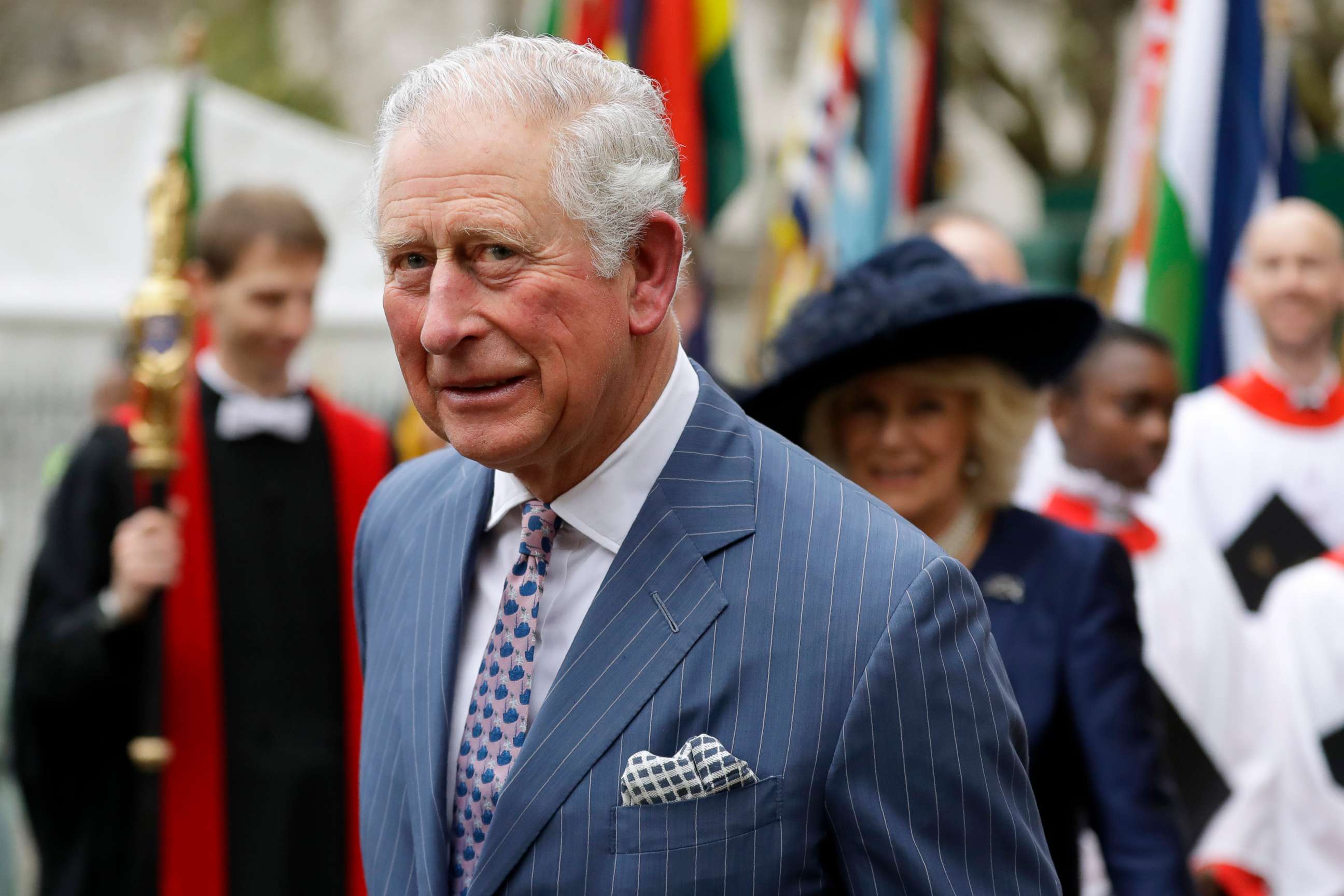 PHOTO: In this Monday, March 9, 2020 file photo, Britain's Prince Charles and Camilla the Duchess of Cornwall, in the background, leave after attending the annual Commonwealth Day service at Westminster Abbey in London, Monday, March 9, 2020.