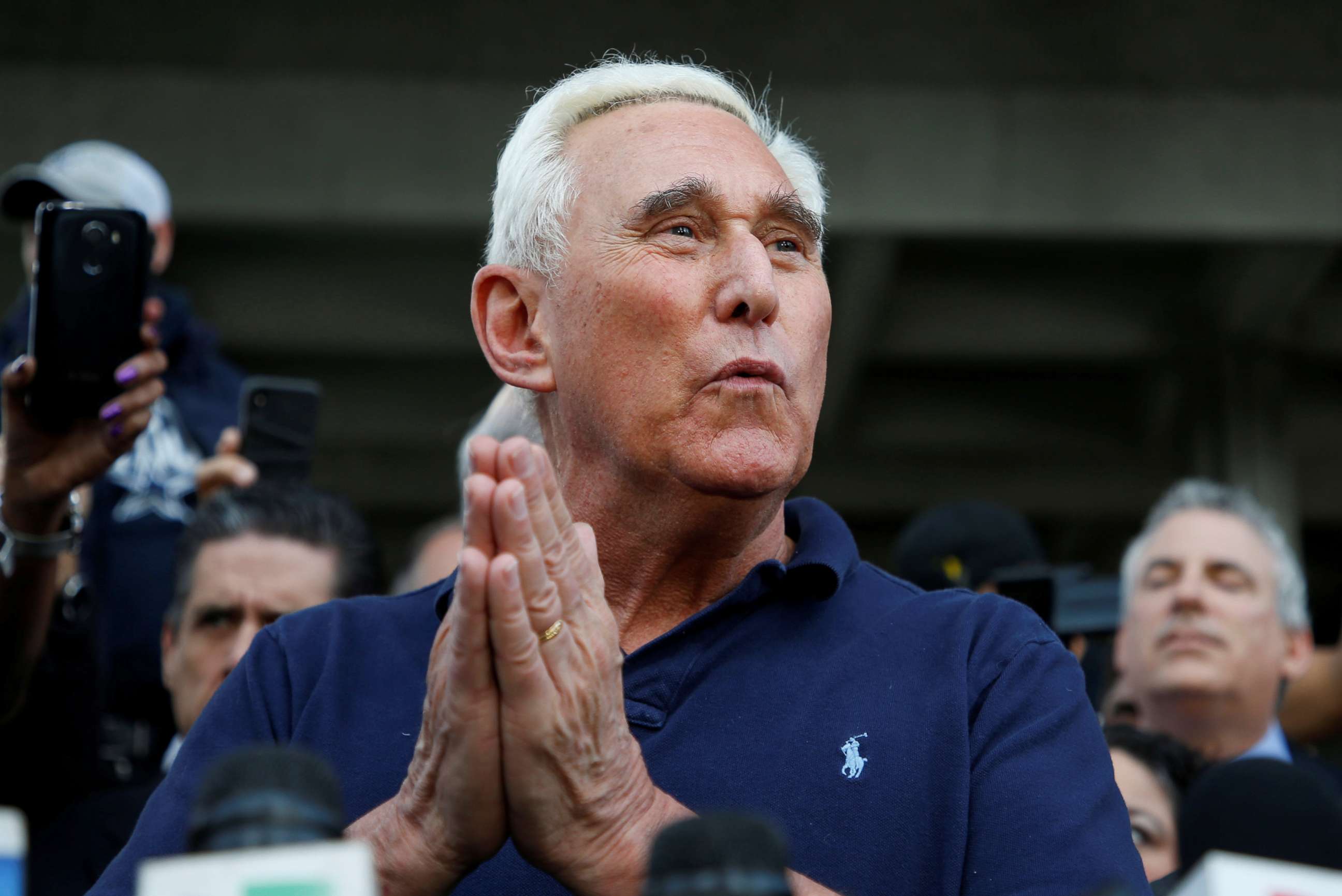 PHOTO: Roger Stone speaks after his appearance at Federal Court in Fort Lauderdale, Fla., Jan. 25, 2019.