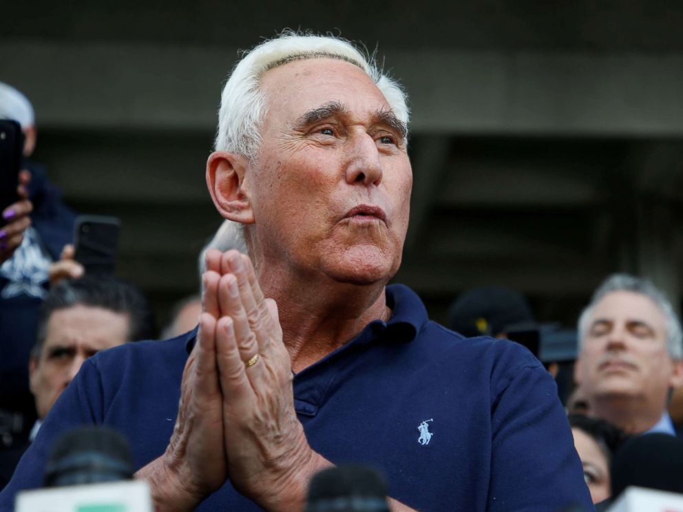 PHOTO: Roger Stone speaks after his appearance at Federal Court in Fort Lauderdale, Fla., Jan. 25, 2019.