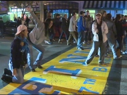 Boston Red Sox Fans Gather at Marathon Finish Line
