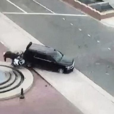 Surveillance shows a car slamming into the SUV driven by Mayor James Butts, his vehicle careening into LAPD motorcycle officer, who was thrown in a fountain.