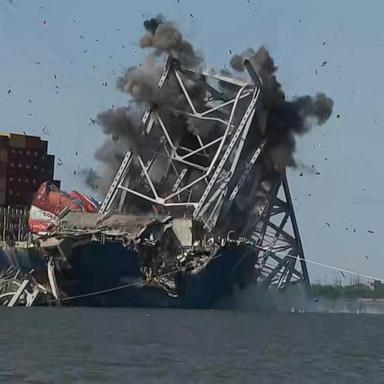 VIDEO: Crews use explosives to demolish largest remaining piece of Baltimore bridge