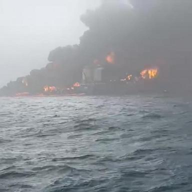 VIDEO: Container ship collides with anchored US oil tanker sparking inferno 