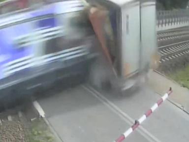 WATCH: Video shows train in Poland slam into big rig stuck on tracks