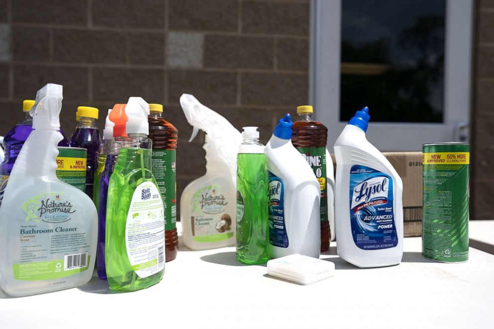 PHOTO: Bottles of donated household cleaners sit on a table at the Georgetown South Community Center in Manassas, Va., July 8, 2020. 