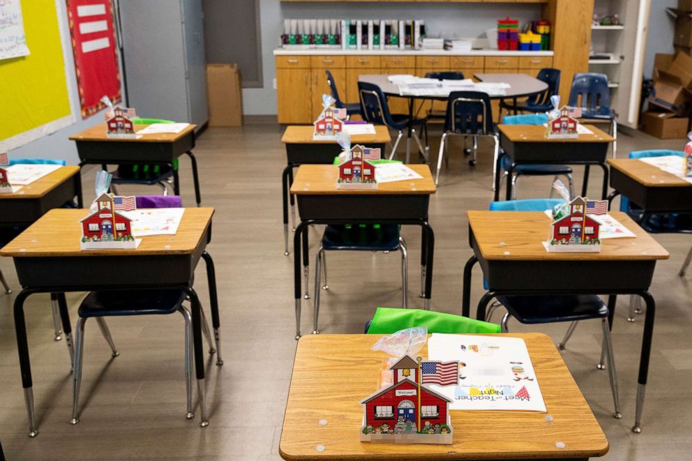 PHOTO: A classroom at Yorktown Christian Academy is prepared for children to return on July 16, 2020, in Corpus Christi, Texas. According to the school's website, in-person classes are scheduled to start on July 22.