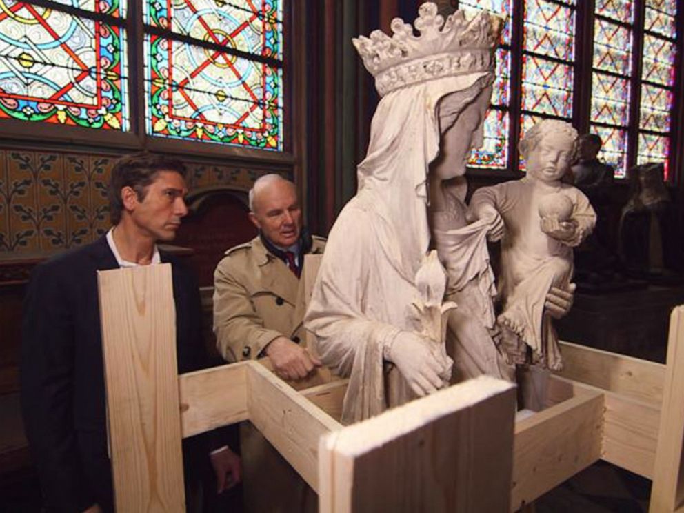 PHOTO: ABC News David Muir walks through the fire-damaged Notre Dame cathedral in Paris with retired French General Jean-Louis Georgelin in May 2019, nearly a month after a devastating fire.