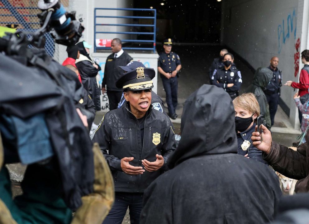 PHOTO: Seattle Police Chief Carmen Best talks to media in front of Seattle Police Department East Precinct in Seattle, June 11, 2020. 
