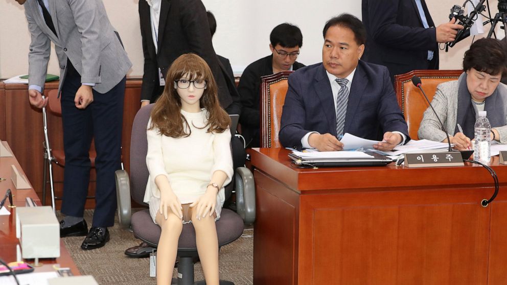 A lawmaker Lee Yong-ju, who brought a sex doll, speaks during a parliamentary inspection at the National Assembly in Seoul, South Korea, on Oct. 18, 2019. South Korea has formally ended a ban on the import of full-body sex dolls, ending years of deba