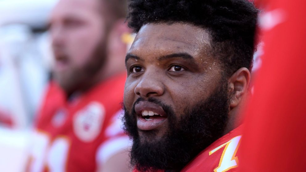 FILE - In this Dec. 9, 2018, file photo, Kansas City Chiefs offensive tackle Jeff Allen during the first half of an NFL football game in Kansas City, Mo. Allen thanked the man who helped pull his vehicle out of the snow with tickets to next week's AF