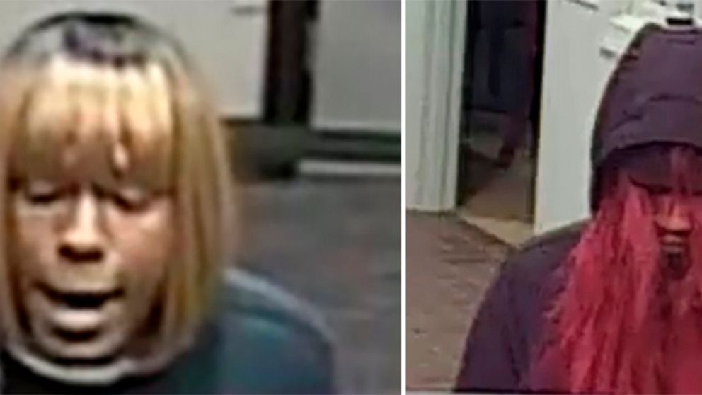 This photo combo provided by the FBI shows a person of interests in connection of bank robberies in in North Carolina. The FBI is asking the public's help in catching a so-called “bad wig bandit” who's been robbing banks in North Carolina. The FBI sa