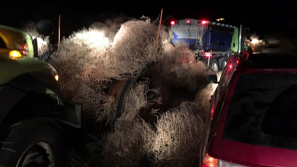 In this image taken Tuesday evening, Dec. 31, 2019, and provided by the Washington State Patrol, Washington State Department of Transportation using snow plows to remove a pile of tumbleweeds along State Route 240 near Richland, Wash. (Trooper Chris 