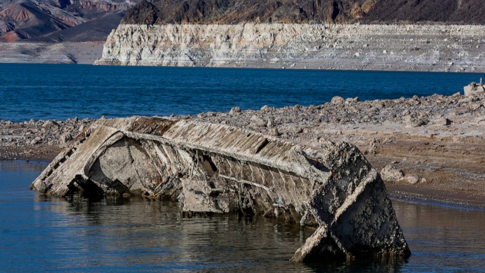 A WWII ear landing craft used to transport troops or tanks was revealed on the shoreline near the Lake Mead Marina as the waterline continues to lower at the Lake Mead National Recreation Area on Thursday, June 30, 2022, in Boulder City. (L.E. Baskow