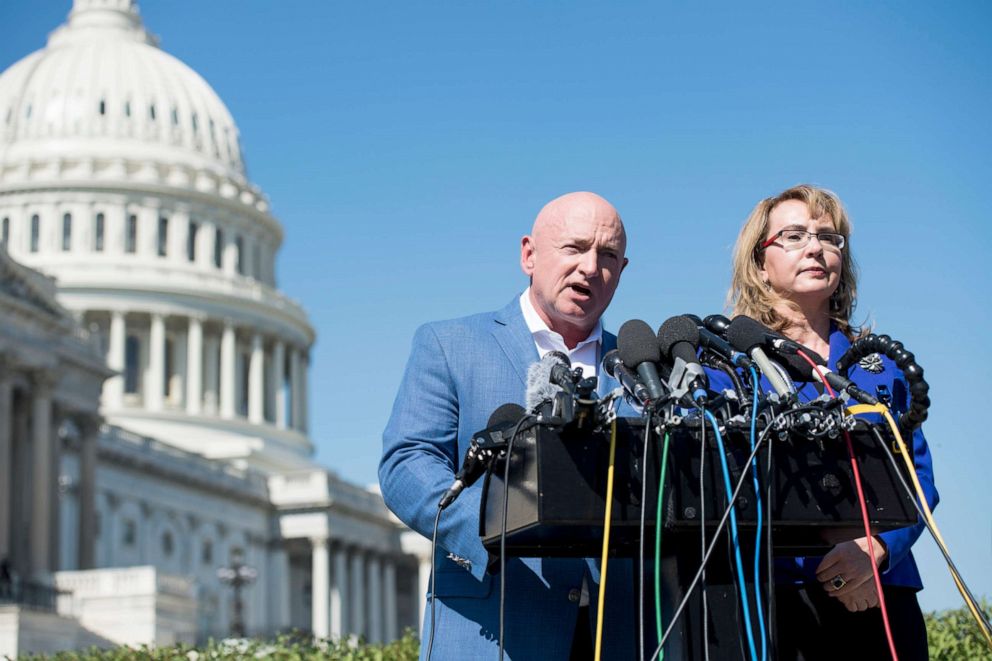 PHOTO: Former Congresswoman Gabrielle Giffords, D-Ariz., and her husband retired NASA astronaut Captain Mark Kelly hold a news conference at the Capitol, Oct. 2, 2017.